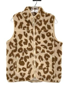 Entro Leopard Animal Print Sherpa Vest Cream Zip Up Size Medium